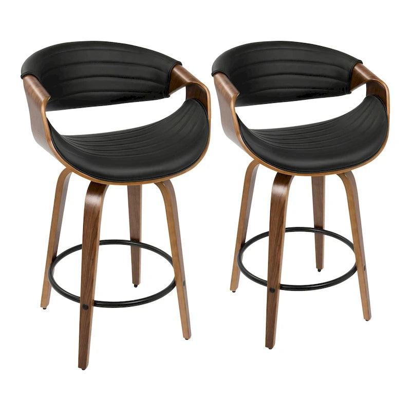 Sgabello da bancone in similpelle con gambe in legno curvato e poggiapiedi rotondo (set da 2)
