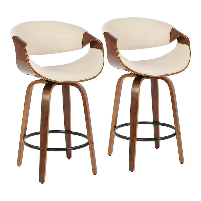 Sgabello da bancone in similpelle con gambe in legno curvato e poggiapiedi rotondo (set da 2)