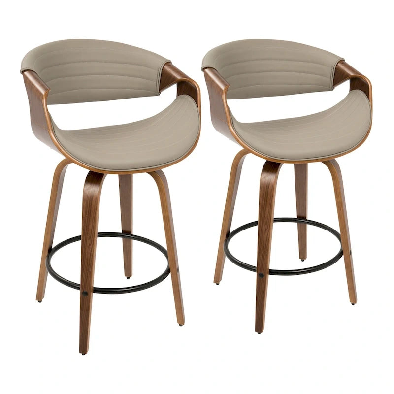 Sgabello da bancone in similpelle con gambe in legno curvato e poggiapiedi rotondo (set da 2)