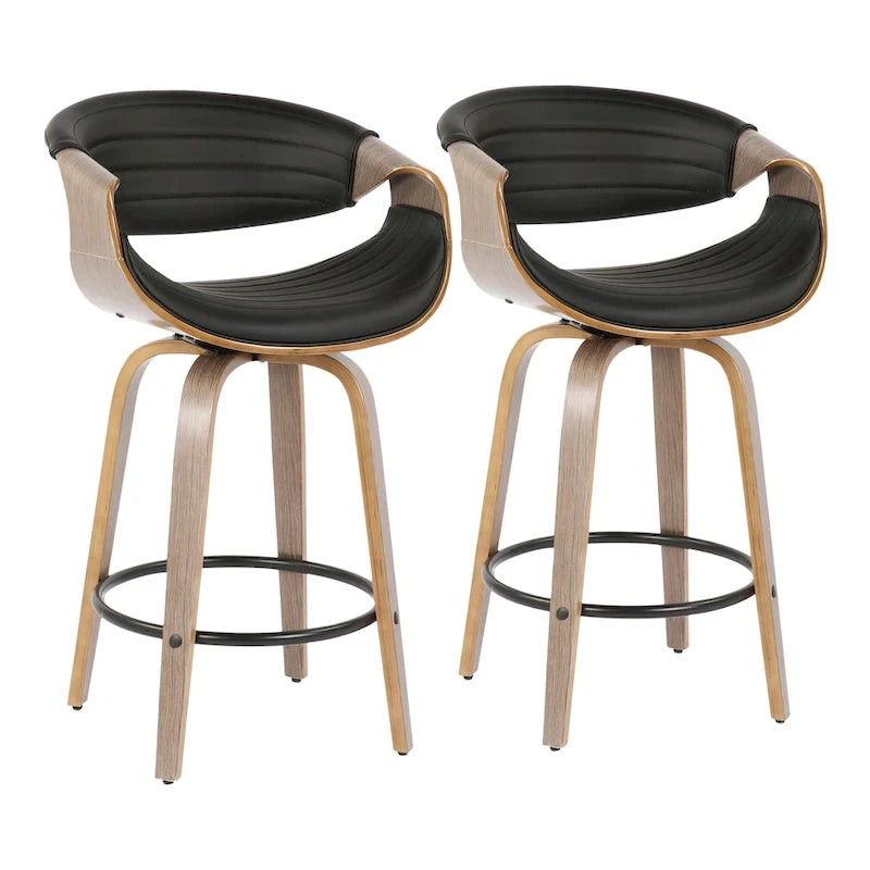 Sgabello da bancone in similpelle con gambe in legno curvato e poggiapiedi rotondo (set da 2)