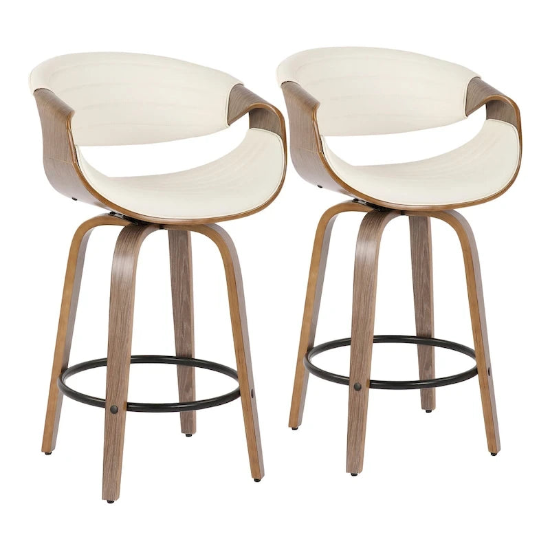 Sgabello da bancone in similpelle con gambe in legno curvato e poggiapiedi rotondo (set da 2)