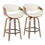 Sgabello da bancone in similpelle con gambe in legno curvato e poggiapiedi rotondo (set da 2)