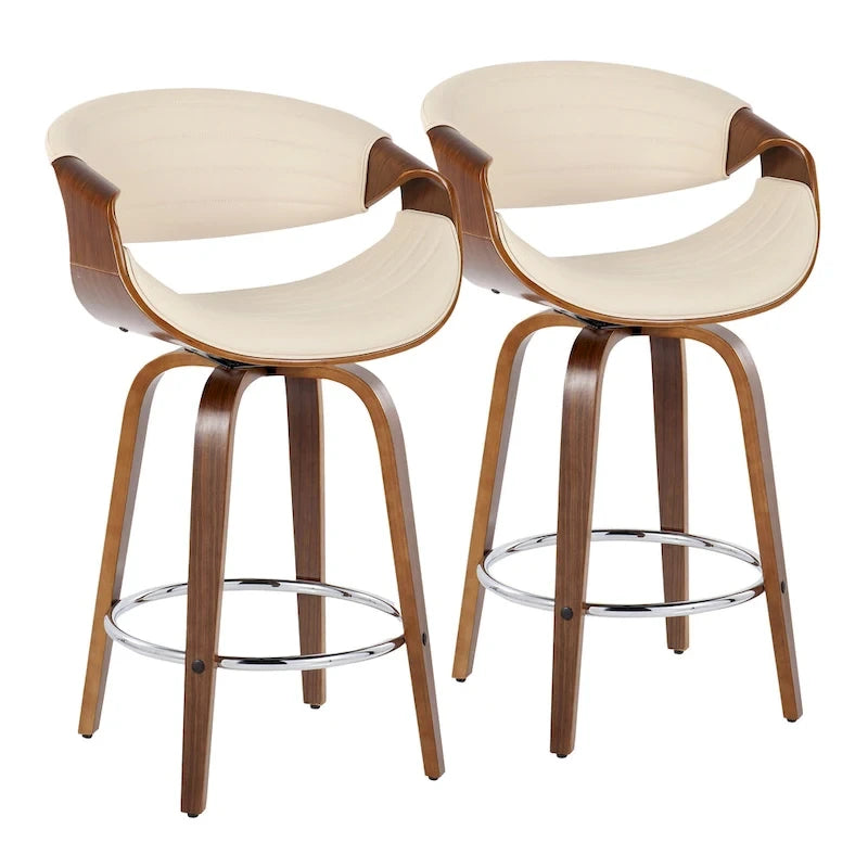 Sgabello da bancone in similpelle con gambe in legno curvato e poggiapiedi rotondo (set da 2)