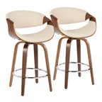 Sgabello da bancone in similpelle con gambe in legno curvato e poggiapiedi rotondo (set da 2)