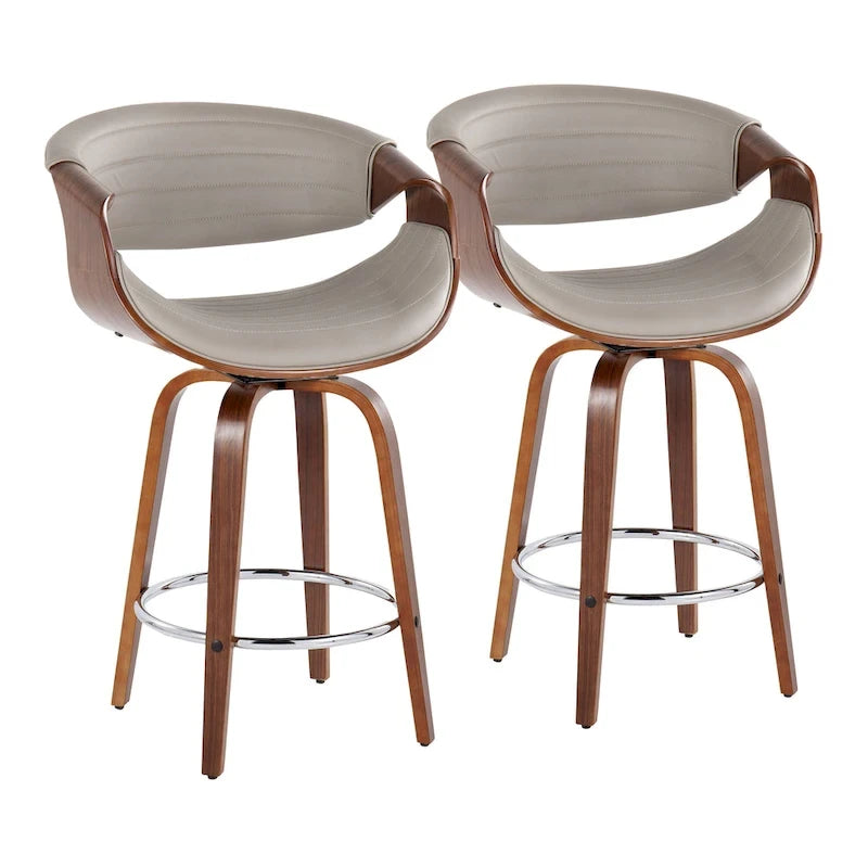 Sgabello da bancone in similpelle con gambe in legno curvato e poggiapiedi rotondo (set da 2)