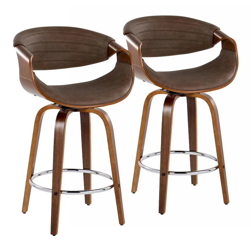 Sgabello da bancone in similpelle con gambe in legno curvato e poggiapiedi rotondo (set da 2)