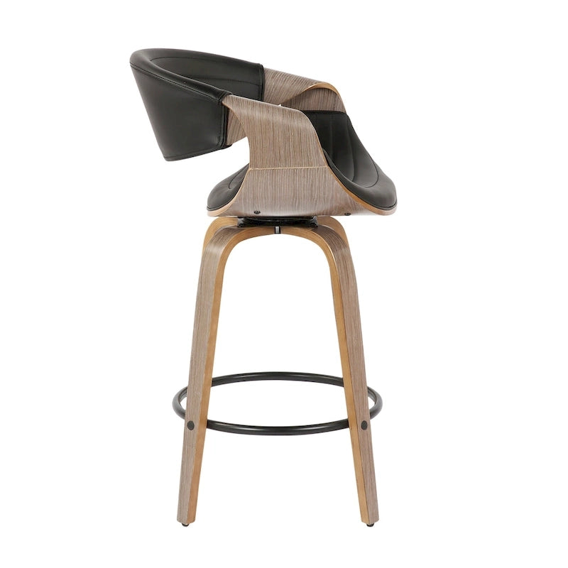 Sgabello da bancone in similpelle con gambe in legno curvato e poggiapiedi rotondo (set da 2)