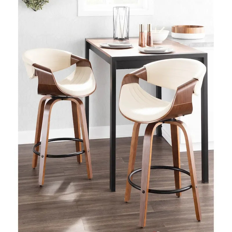 Sgabello da bancone in similpelle con gambe in legno curvato e poggiapiedi rotondo (set da 2)