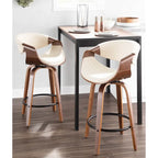 Sgabello da bancone in similpelle con gambe in legno curvato e poggiapiedi rotondo (set da 2)