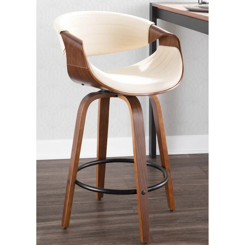 Sgabello da bancone in similpelle con gambe in legno curvato e poggiapiedi rotondo (set da 2)