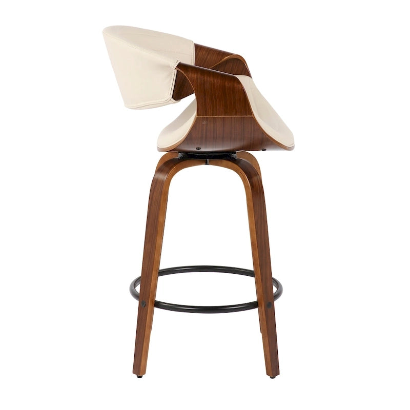 Sgabello da bancone in similpelle con gambe in legno curvato e poggiapiedi rotondo (set da 2)