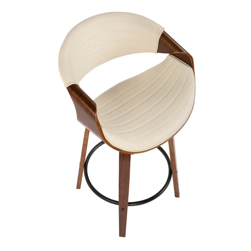 Sgabello da bancone in similpelle con gambe in legno curvato e poggiapiedi rotondo (set da 2)
