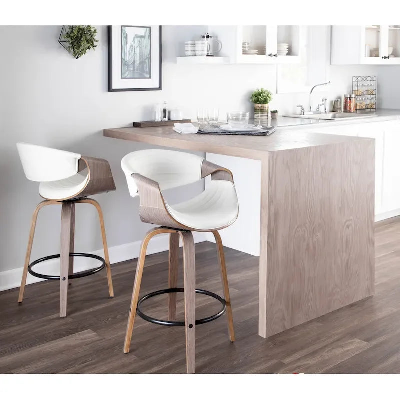 Sgabello da bancone in similpelle con gambe in legno curvato e poggiapiedi rotondo (set da 2)