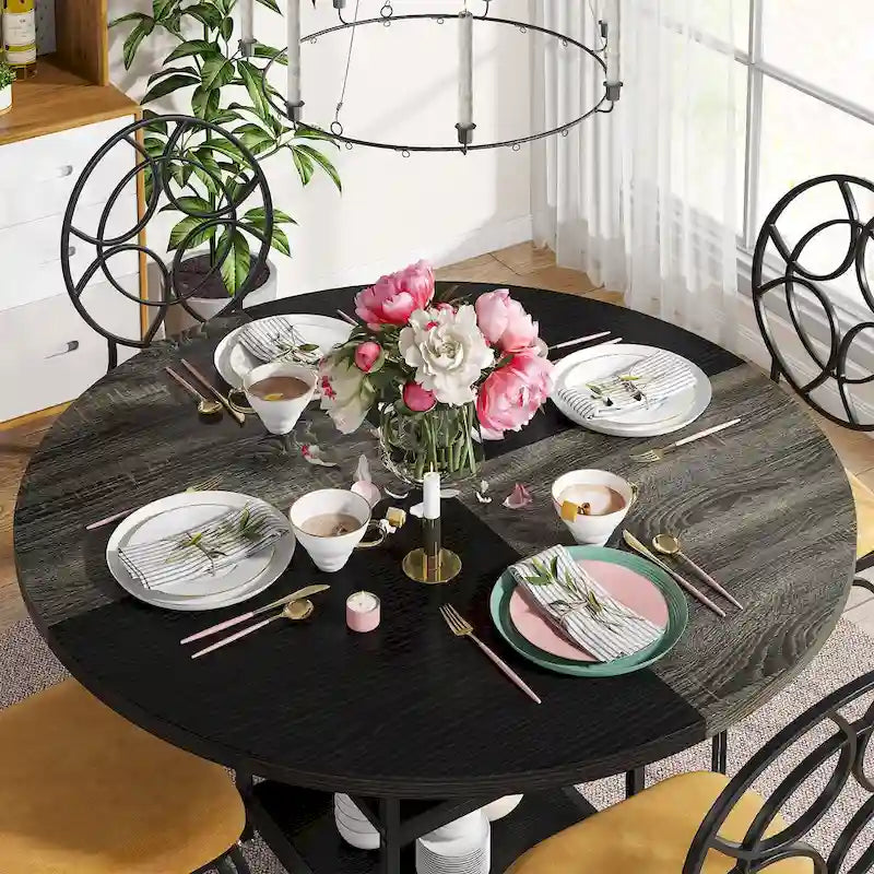 Tavolo da pranzo rotondo con ripiani portaoggetti, gambe in metallo, piano in legno da 47 pollici, marrone/nero