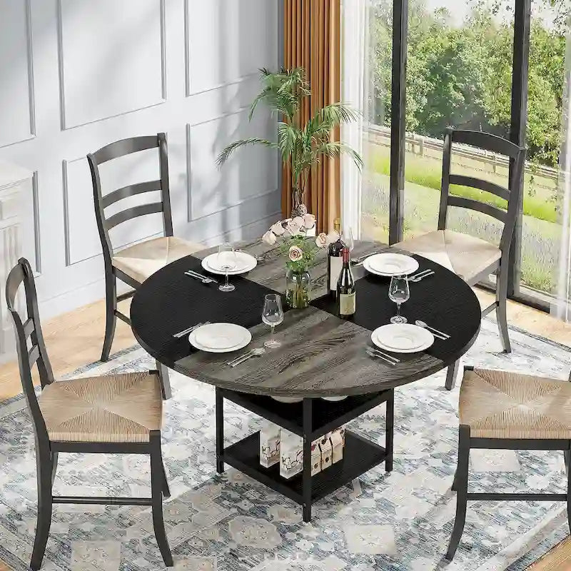 Tavolo da pranzo rotondo con ripiani portaoggetti, gambe in metallo, piano in legno da 47 pollici, marrone/nero