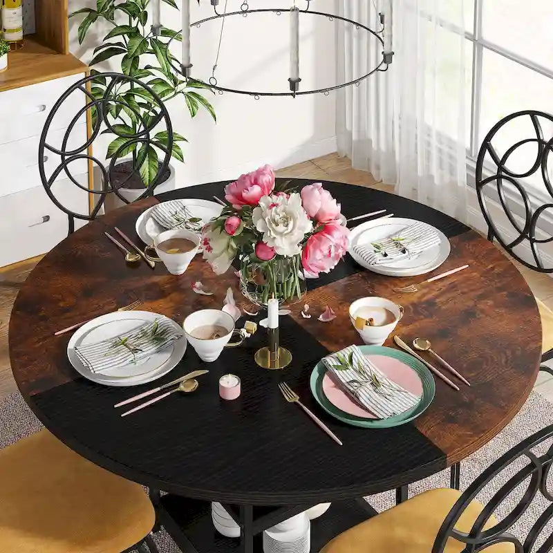 Tavolo da pranzo rotondo con ripiani portaoggetti, gambe in metallo, piano in legno da 47 pollici, marrone/nero