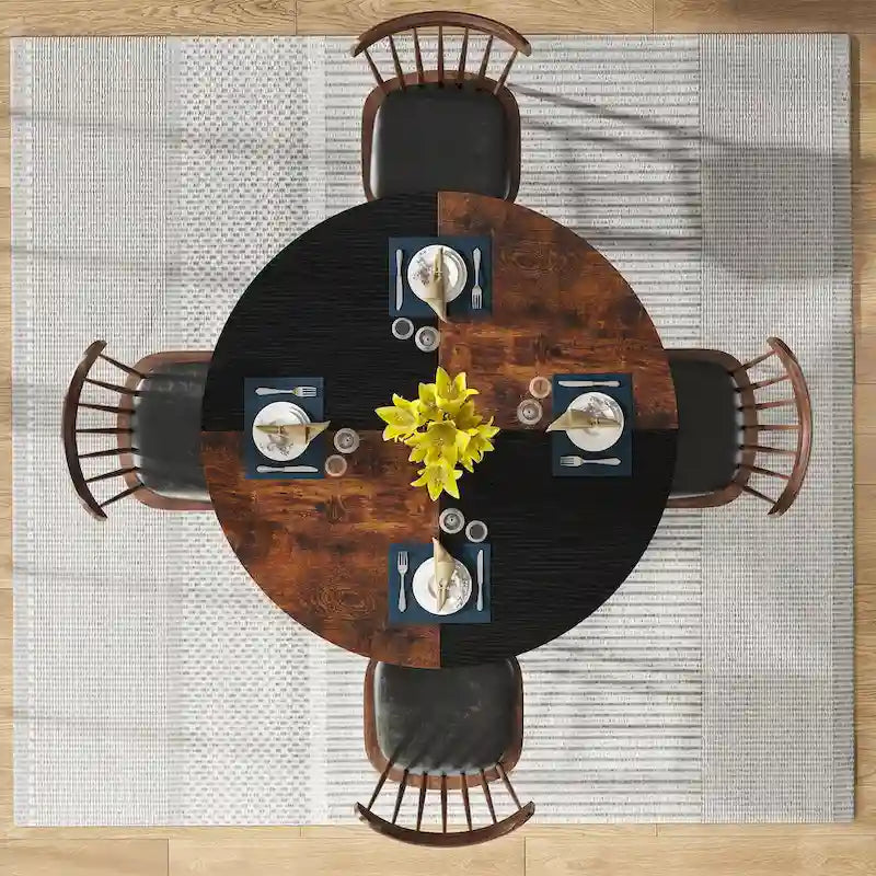 Tavolo da pranzo rotondo con ripiani portaoggetti, gambe in metallo, piano in legno da 47 pollici, marrone/nero