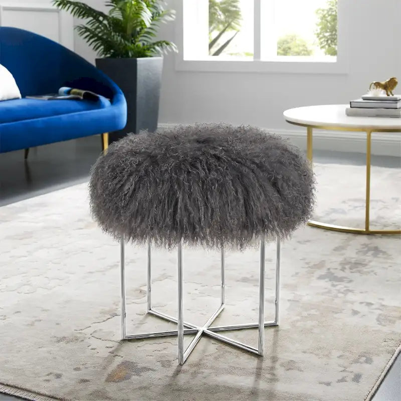 Pouf rotondo in pelle di pecora con base in acciaio inossidabile