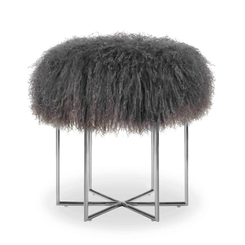 Pouf rotondo in pelle di pecora con base in acciaio inossidabile