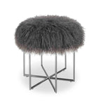 Pouf rotondo in pelle di pecora con base in acciaio inossidabile