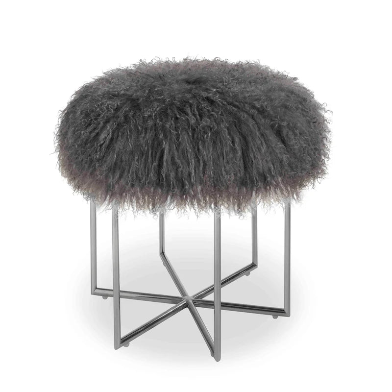 Pouf rotondo in pelle di pecora con base in acciaio inossidabile