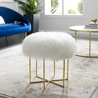 Pouf rotondo in pelle di pecora con base in acciaio inossidabile