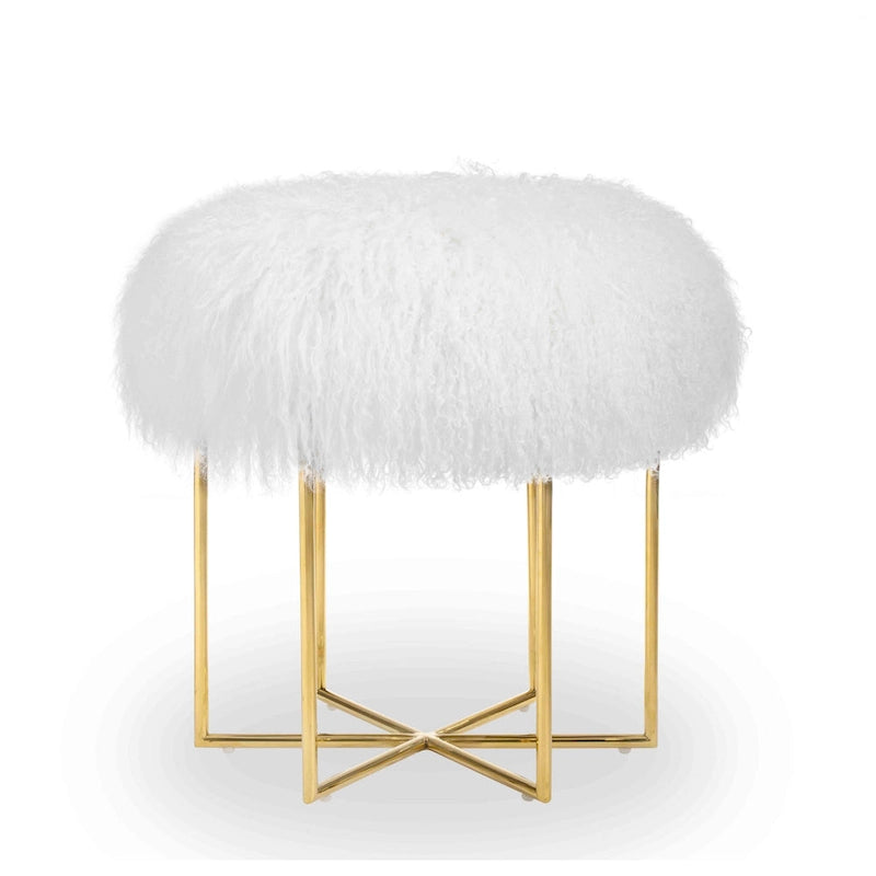 Pouf rotondo in pelle di pecora con base in acciaio inossidabile