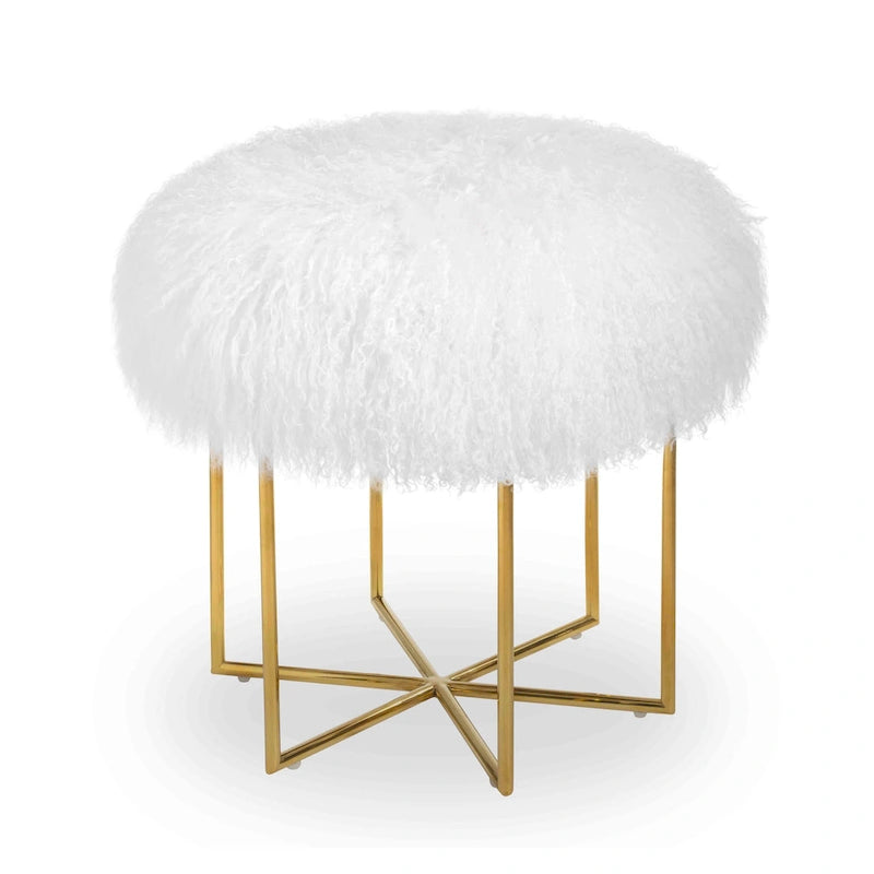 Pouf rotondo in pelle di pecora con base in acciaio inossidabile