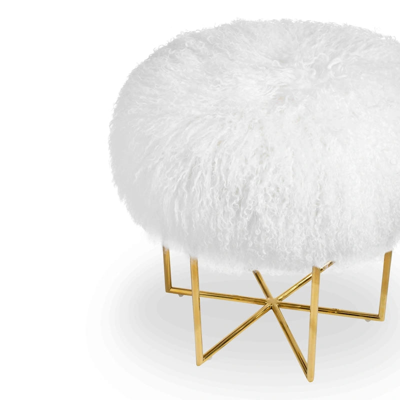 Pouf rotondo in pelle di pecora con base in acciaio inossidabile