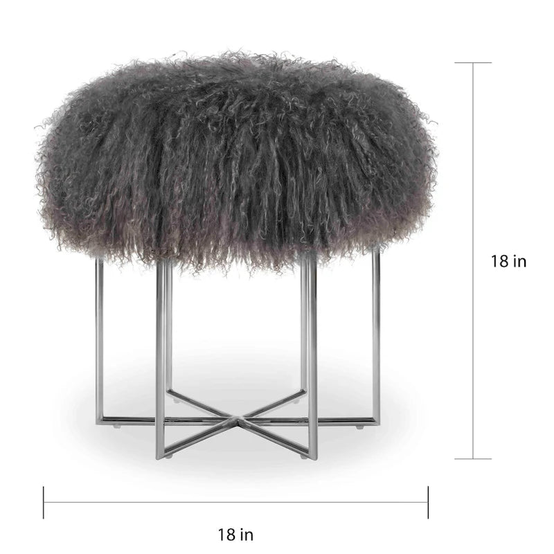 Pouf rotondo in pelle di pecora con base in acciaio inossidabile