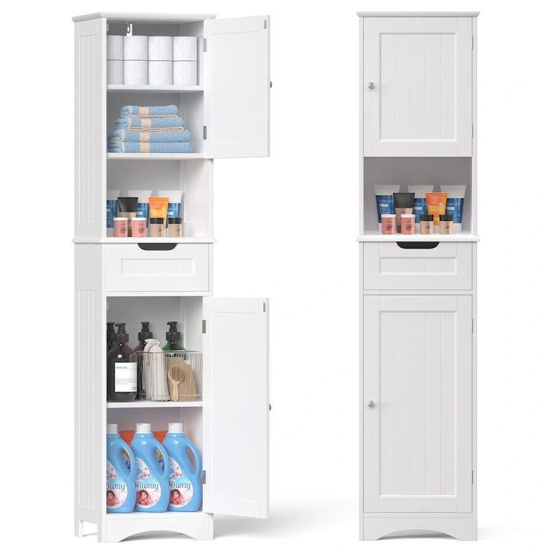 Mobiletto contenitore stretto alto 170 cm con 5 ripiani, cassetto e ante