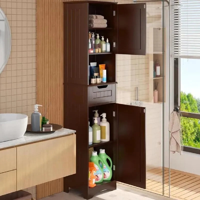 Mobiletto contenitore stretto alto 170 cm con 5 ripiani, cassetto e ante