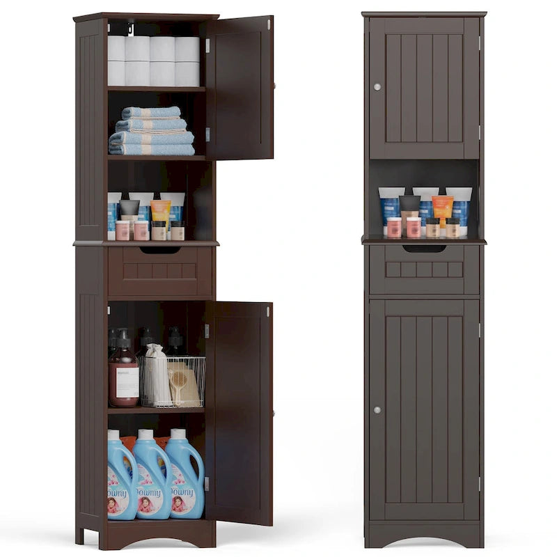 Mobiletto contenitore stretto alto 170 cm con 5 ripiani, cassetto e ante