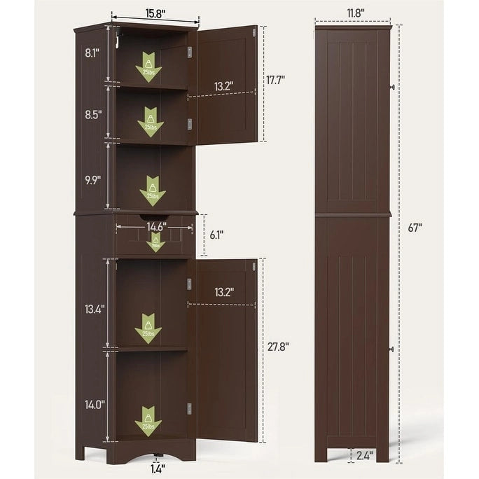 Mobiletto contenitore stretto alto 170 cm con 5 ripiani, cassetto e ante
