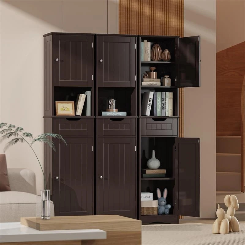 Mobiletto contenitore stretto alto 170 cm con 5 ripiani, cassetto e ante