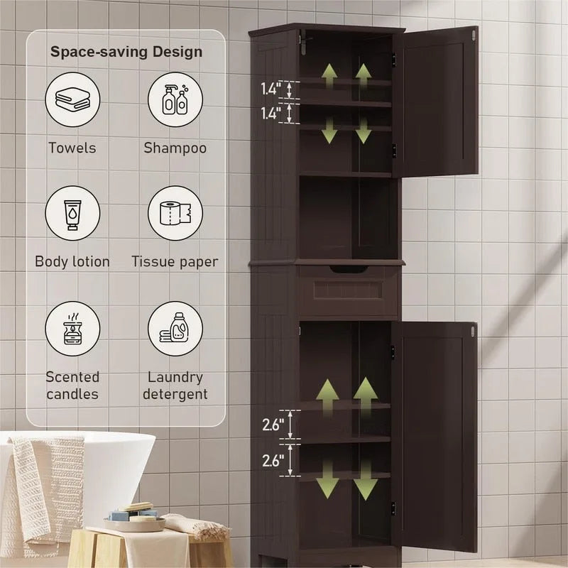 Mobiletto contenitore stretto alto 170 cm con 5 ripiani, cassetto e ante