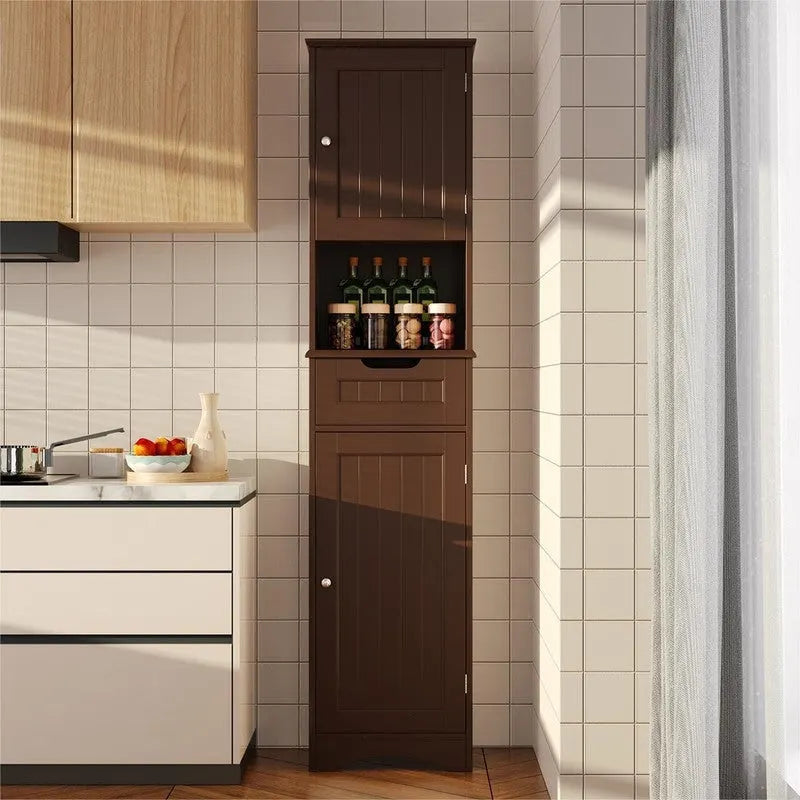 Mobiletto contenitore stretto alto 170 cm con 5 ripiani, cassetto e ante
