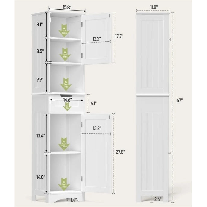 Mobiletto contenitore stretto alto 170 cm con 5 ripiani, cassetto e ante