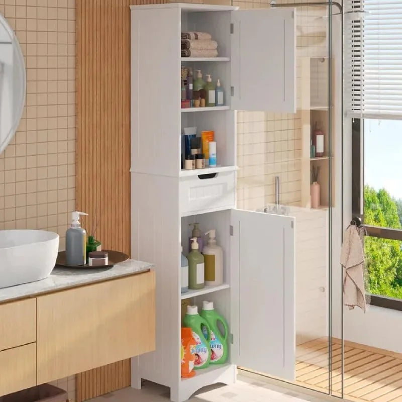 Mobiletto contenitore stretto alto 170 cm con 5 ripiani, cassetto e ante
