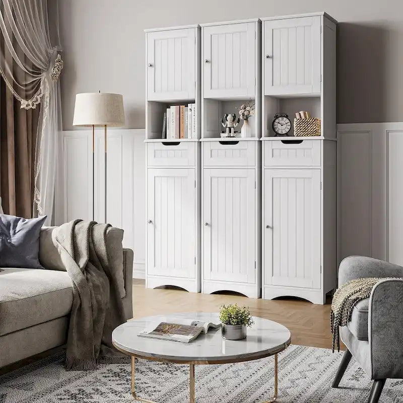 Mobiletto contenitore stretto alto 170 cm con 5 ripiani, cassetto e ante