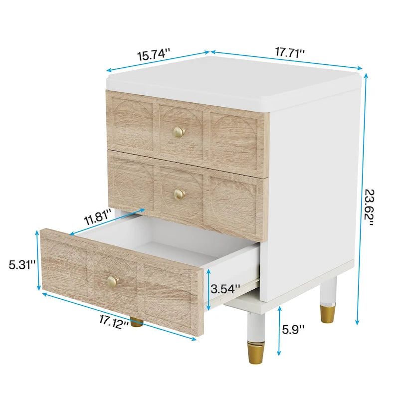 Comodino a 3 cassetti con finitura bicolore