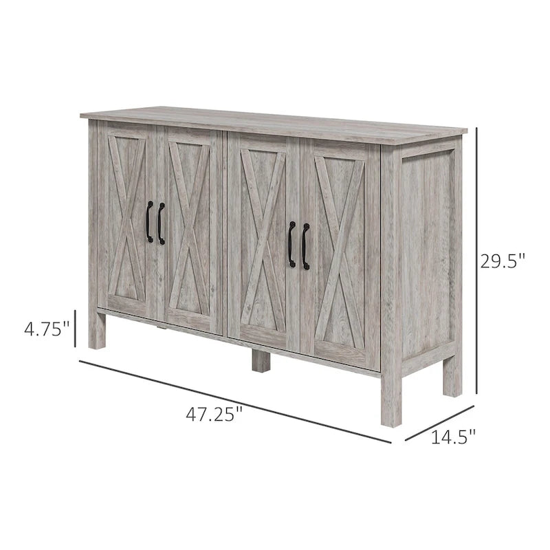 Credenza da masseria/buffet, 120 cm con 4 ante scorrevoli e 2 ripiani regolabili, grigia