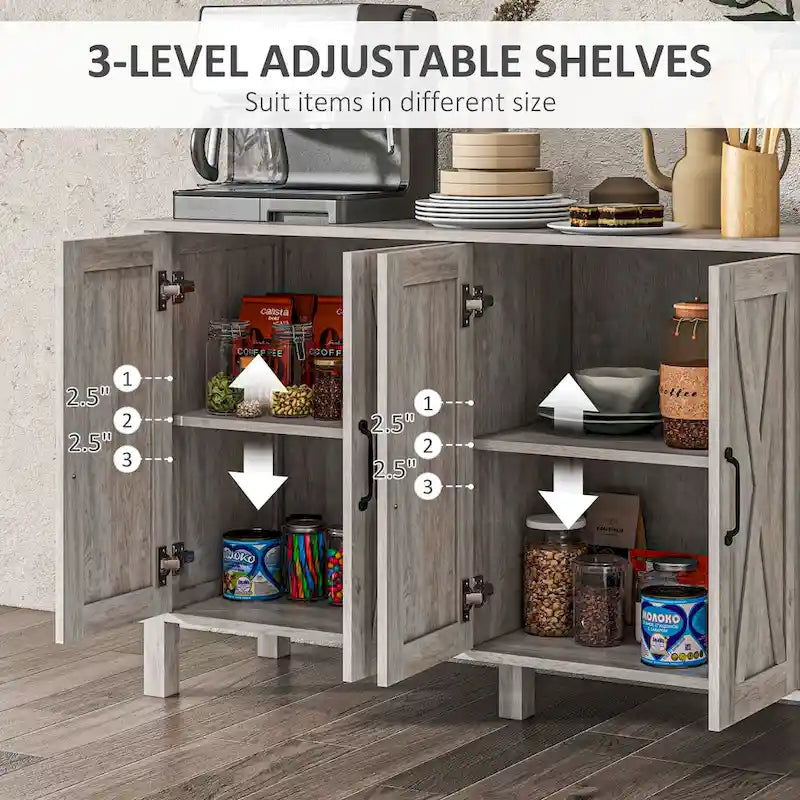 Credenza da masseria/buffet, 120 cm con 4 ante scorrevoli e 2 ripiani regolabili, grigia