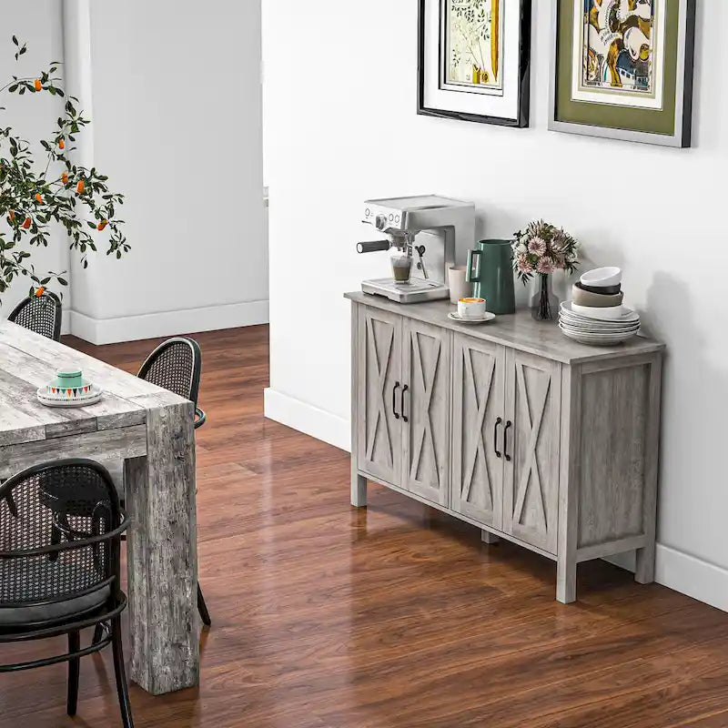 Credenza da masseria/buffet, 120 cm con 4 ante scorrevoli e 2 ripiani regolabili, grigia