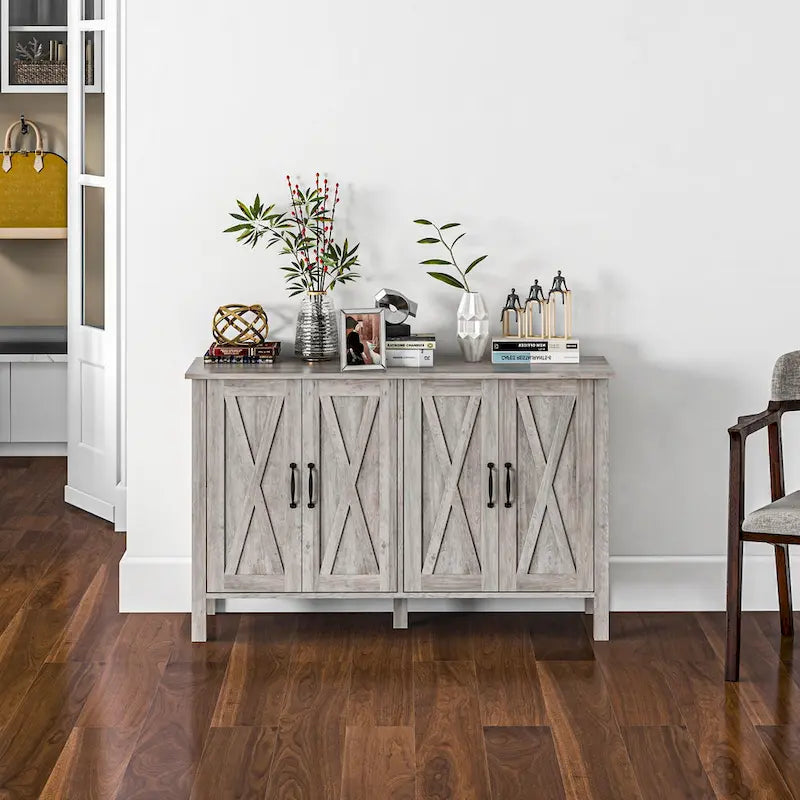 Credenza da masseria/buffet, 120 cm con 4 ante scorrevoli e 2 ripiani regolabili, grigia