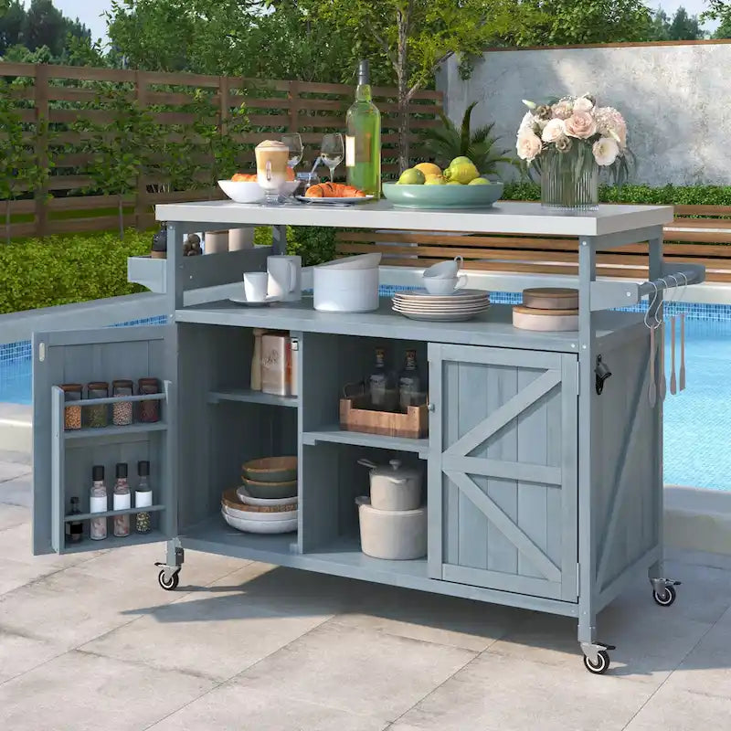 Tavolo da Preparazione per Barbecue da Esterno con Armadietto e Piano in Acciaio Inox