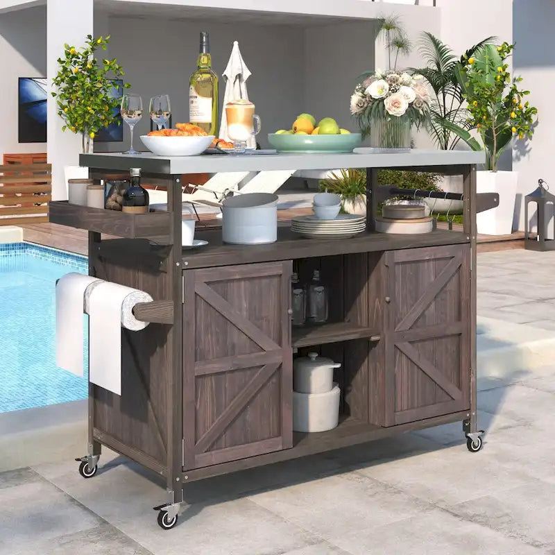 Tavolo da Preparazione per Barbecue da Esterno con Armadietto e Piano in Acciaio Inox
