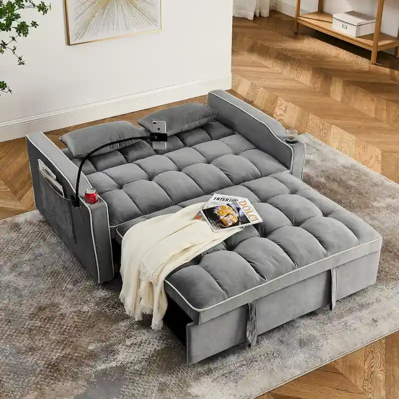 Divano Letto Futon Pieghevole con Porta di Ricarica USB, 141 cm, Velluto