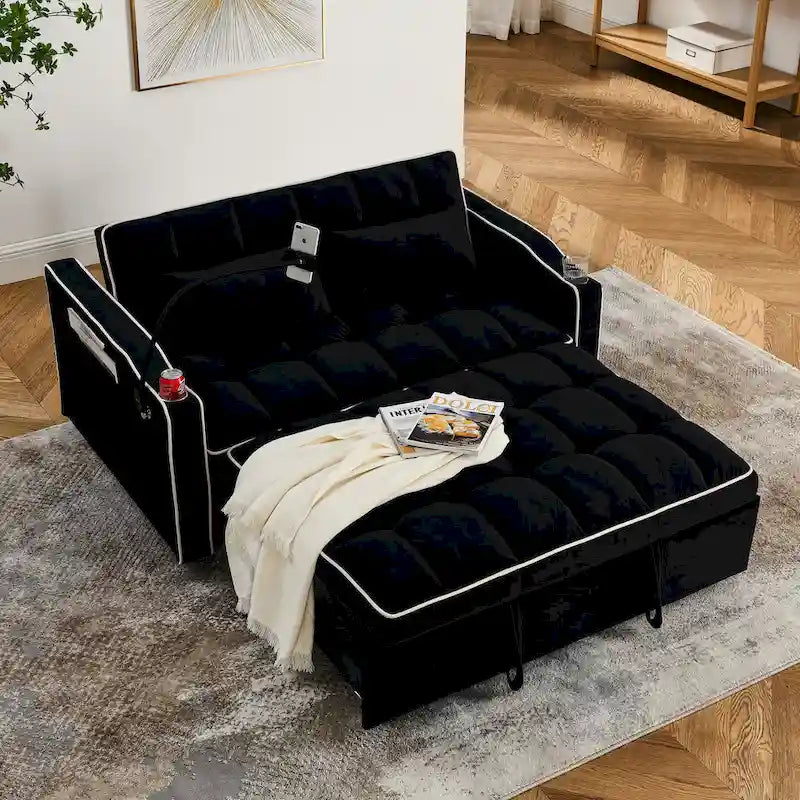 Divano Letto Futon Pieghevole con Porta di Ricarica USB, 141 cm, Velluto