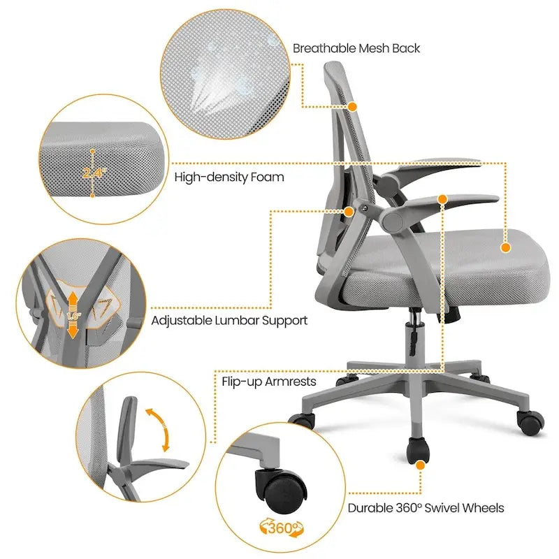 Sedia da ufficio ergonomica in rete con braccioli ribaltabili
